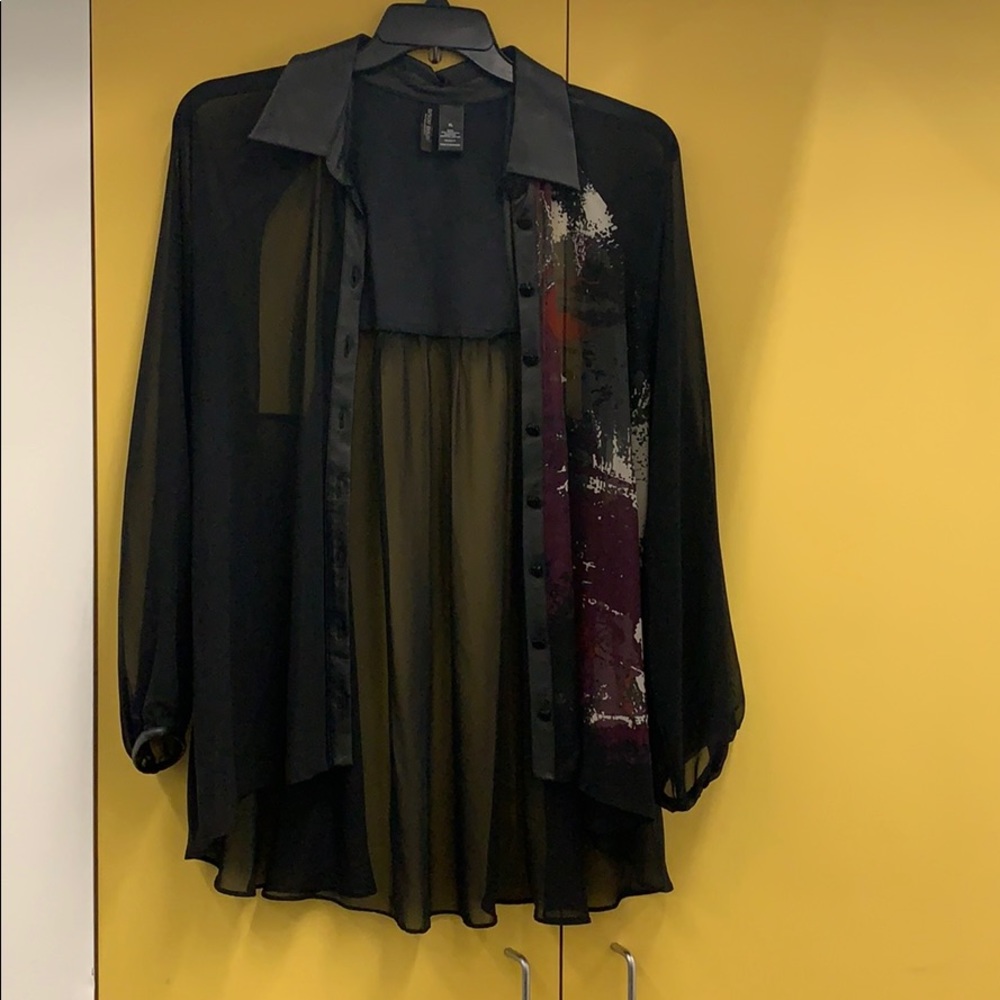 sheer black with faux leather detail  jewel button